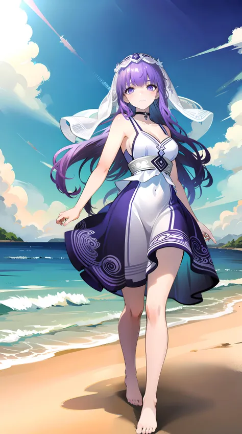 masterpiece,best quality,1girl, ((((veil)))),purple hair, long hair, happy,slip dress, ((white dress)),looking at viewer,barefoot, walking, seaside, beach, sunlight, day,<lora:shaosiming_13200:1.4>