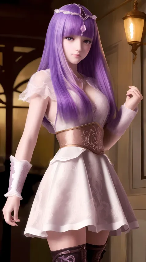 masterpiece, (best quality:1.4), (ultra highres:1.2),4K quality, (delicate illustration:1.4),(8k, RAW photo:1.2),1girl,veil, purple eyes,armor, dress, thighhighs, thigh boots, cowboy shot, <lora:shaosiming-000016:0.5> ,