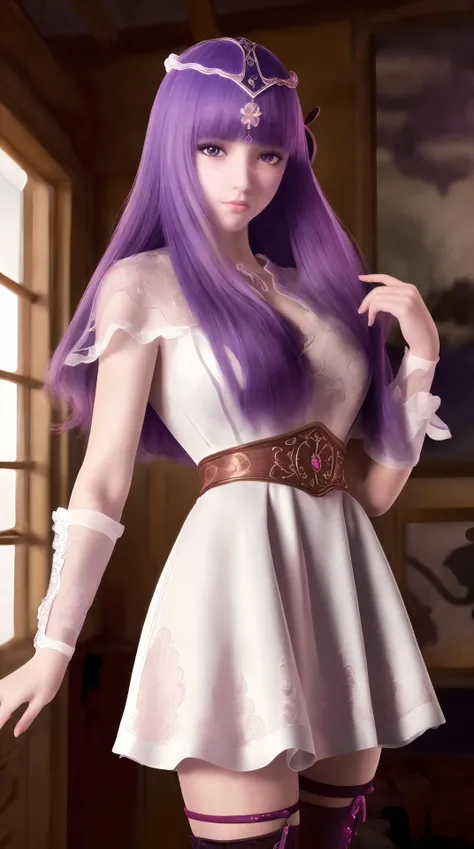 masterpiece, (best quality:1.4), (ultra highres:1.2),4K quality, (delicate illustration:1.4),(8k, RAW photo:1.2),1girl,veil, purple eyes,armor, dress, thighhighs, thigh boots, cowboy shot, <lora:shaosiming-000016:0.5> ,