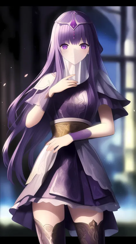 masterpiece, (best quality:1.4), (ultra highres:1.2),4K quality, (delicate illustration:1.4),(8k, RAW photo:1.2),1girl,veil, purple eyes,armor, dress, thighhighs, thigh boots, cowboy shot, <lora:shaosiming-000016:0.8> ,