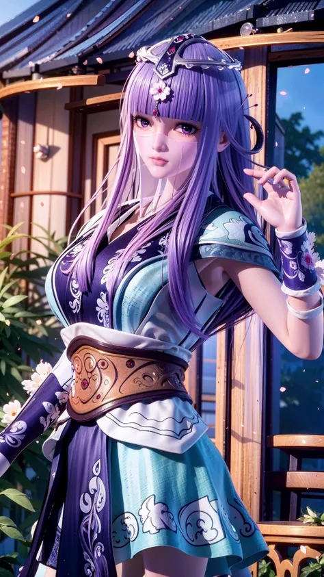 masterpiece,best quality,1girl,purple eyes,armor, <lora:shaosiming:0.8>,outdoor,cowboy shot, dynamic pose, dynamic angle