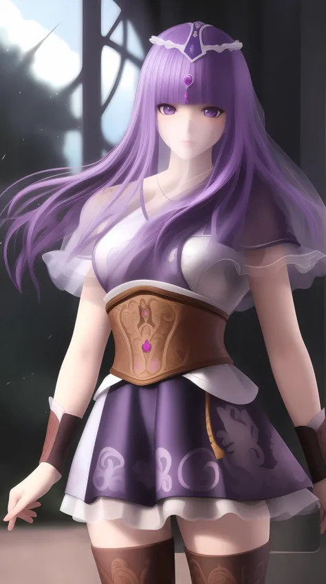 masterpiece, (best quality:1.4), (ultra highres:1.2),4K quality, (delicate illustration:1.4),(8k, RAW photo:1.2),1girl,veil, purple eyes,armor, dress, thighhighs, thigh boots, cowboy shot, <lora:shaosiming-000016:0.6> ,