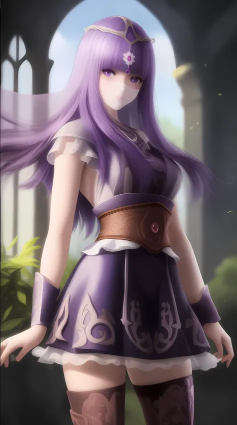 masterpiece, (best quality:1.4), (ultra highres:1.2),4K quality, (delicate illustration:1.4),(8k, RAW photo:1.2),1girl,veil, purple eyes,armor, dress, thighhighs, thigh boots, cowboy shot, <lora:shaosiming-000016:0.6> ,