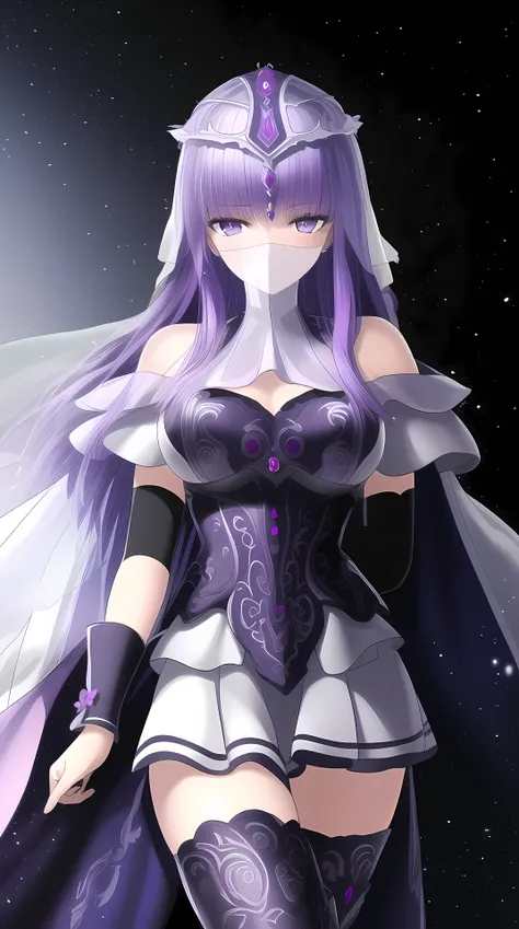 <lora:shaosiming_13200:1.4>, masterpiece, (best quality:1.4), (ultra highres:1.2),4K quality, (delicate illustration:1.4),(8k, RAW photo:1.2),1girl,purple eyes,veil,armor,dress,wrist cuffs,thighhighs,thigh boots,
