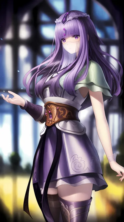 masterpiece, (best quality:1.4), (ultra highres:1.2),4K quality, (delicate illustration:1.4),(8k, RAW photo:1.2),1girl,veil, purple eyes,armor, dress, thighhighs, thigh boots, cowboy shot, <lora:shaosiming-000016:0.8> ,