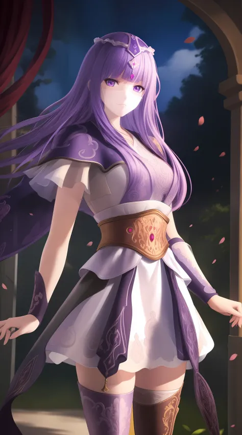 masterpiece, (best quality:1.4), (ultra highres:1.2),4K quality, (delicate illustration:1.4),(8k, RAW photo:1.2),1girl,veil, purple eyes,armor, dress, thighhighs, thigh boots, cowboy shot, <lora:shaosiming-000016:0.6> ,