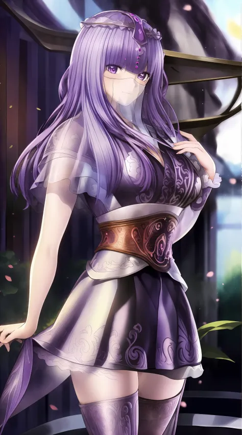 masterpiece, (best quality:1.4), (ultra highres:1.2),4K quality, (delicate illustration:1.4),(8k, RAW photo:1.2),1girl,veil, purple eyes,armor, dress, thighhighs, thigh boots, cowboy shot, <lora:shaosiming-000016:1> ,
