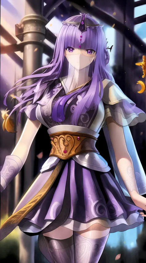 masterpiece, (best quality:1.4), (ultra highres:1.2),4K quality, (delicate illustration:1.4),(8k, RAW photo:1.2),1girl,veil, purple eyes,armor, dress, thighhighs, thigh boots, cowboy shot, <lora:shaosiming-000016:1> ,