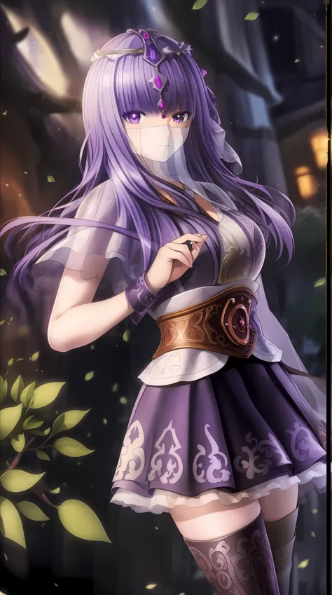 masterpiece, (best quality:1.4), (ultra highres:1.2),4K quality, (delicate illustration:1.4),(8k, RAW photo:1.2),1girl,veil, purple eyes,armor, dress, thighhighs, thigh boots,  cowboy shot, <lora:shaosiming-000016:0.8> ,