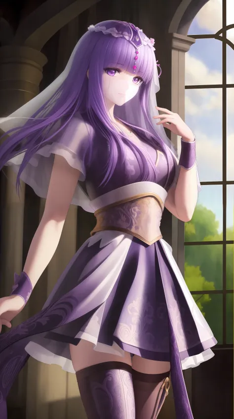 masterpiece, (best quality:1.4), (ultra highres:1.2),4K quality, (delicate illustration:1.4),(8k, RAW photo:1.2),1girl,veil, purple eyes,armor, dress, thighhighs, thigh boots, cowboy shot, <lora:shaosiming-000016:0.6> ,