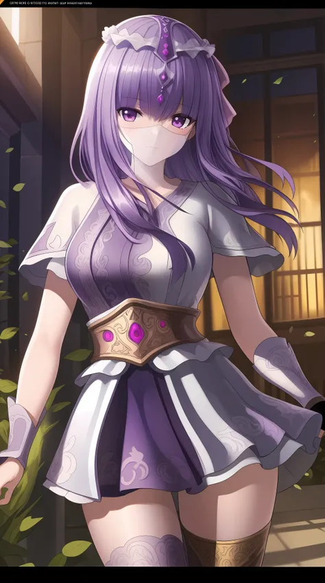 masterpiece, (best quality:1.4), (ultra highres:1.2),4K quality, (delicate illustration:1.4),(8k, RAW photo:1.2),1girl,veil, purple eyes,armor, dress, thighhighs, thigh boots, cowboy shot, <lora:shaosiming-000016:0.6> ,