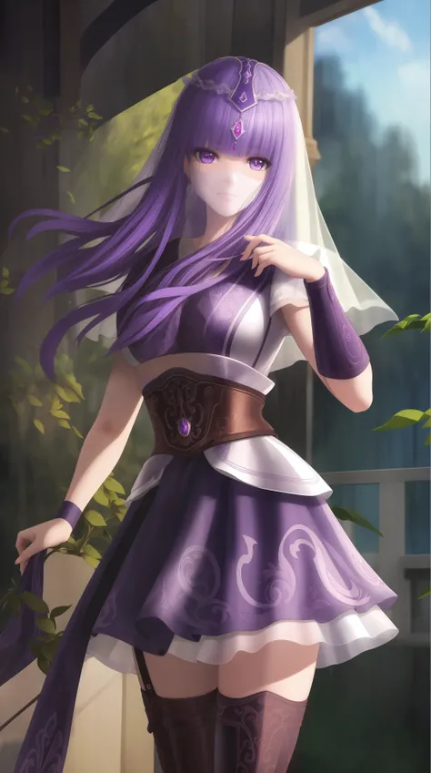 masterpiece, (best quality:1.4), (ultra highres:1.2),4K quality, (delicate illustration:1.4),(8k, RAW photo:1.2),1girl,veil, purple eyes,armor, dress, thighhighs, thigh boots, cowboy shot, <lora:shaosiming-000016:0.6> ,