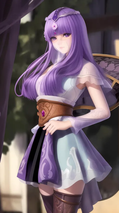 masterpiece, (best quality:1.4), (ultra highres:1.2),4K quality, (delicate illustration:1.4),(8k, RAW photo:1.2),1girl,veil, purple eyes,armor, dress, thighhighs, thigh boots, cowboy shot, <lora:shaosiming-000016:0.8> ,