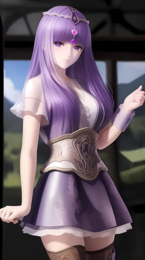 masterpiece, (best quality:1.4), (ultra highres:1.2),4K quality, (delicate illustration:1.4),(8k, RAW photo:1.2),1girl,veil, purple eyes,armor, dress, thighhighs, thigh boots, cowboy shot, <lora:shaosiming-000016:0.6> ,