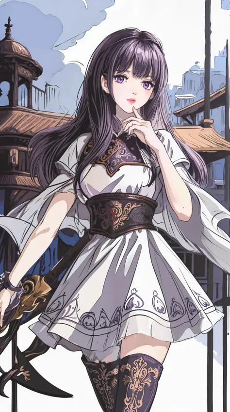masterpiece, (best quality:1.4), (ultra highres:1.2),4K quality, (delicate illustration:1.4),(8k, RAW photo:1.2),1girl,veil, purple eyes,armor, dress, thighhighs, thigh boots, cowboy shot, <lora:shaosiming-000016:0.3> ,