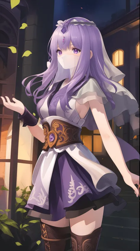 masterpiece, (best quality:1.4), (ultra highres:1.2),4K quality, (delicate illustration:1.4),(8k, RAW photo:1.2),1girl,veil, purple eyes,armor, dress, thighhighs, thigh boots, cowboy shot, <lora:shaosiming-000016:0.6> ,