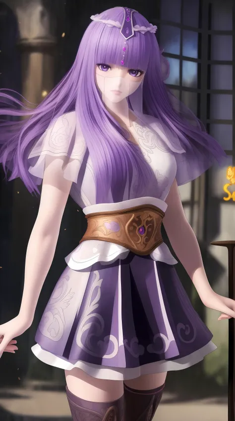 masterpiece, (best quality:1.4), (ultra highres:1.2),4K quality, (delicate illustration:1.4),(8k, RAW photo:1.2),1girl,veil, purple eyes,armor, dress, thighhighs, thigh boots, cowboy shot, <lora:shaosiming-000016:0.8> ,