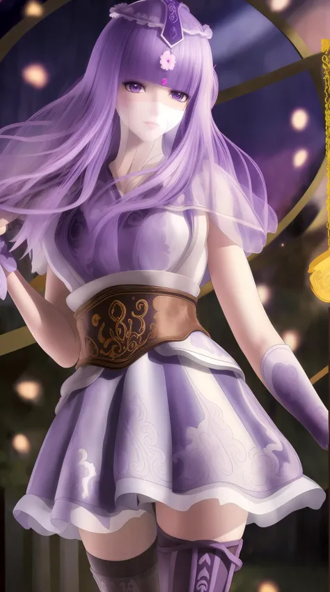 masterpiece, (best quality:1.4), (ultra highres:1.2),4K quality, (delicate illustration:1.4),(8k, RAW photo:1.2),1girl,veil, purple eyes,armor, dress, thighhighs, thigh boots,  cowboy shot, <lora:shaosiming-000016:0.8> ,