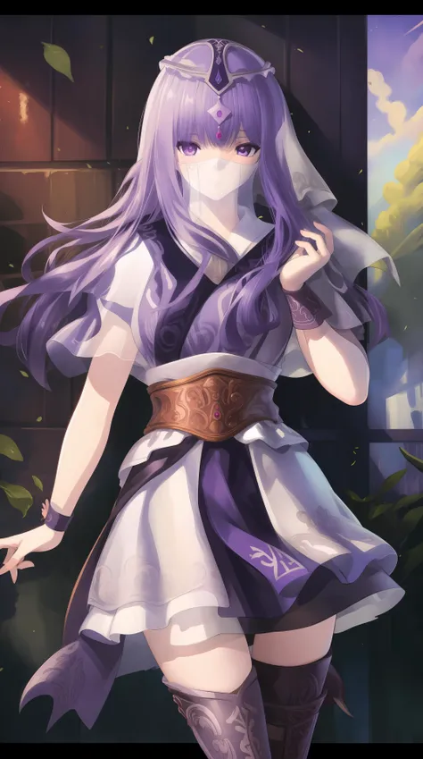 masterpiece, (best quality:1.4), (ultra highres:1.2),4K quality, (delicate illustration:1.4),(8k, RAW photo:1.2),1girl,veil, purple eyes,armor, dress, thighhighs, thigh boots,  cowboy shot, <lora:shaosiming-000016:0.8> ,