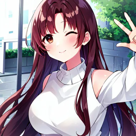 yukimi onechan,solo,1girl,<lora:yukimi onechan:0.8>,long hair, one eye closed, brown hair, selfie, smile, large breasts, brown eyes, flower, white sweater, blush, looking at viewer, ribbed sweater, upper body, closed mouth, reaching towards viewer, v, turtleneck, long sleeves, parted bangs, floral background, turtleneck sweater, very long hair,