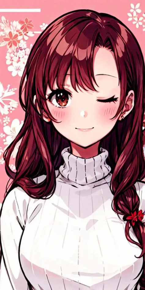 yukimi onechan,solo,1girl,<lyco:yukimi onechan:0.8>,long hair, one eye closed, brown hair, selfie, smile, large breasts, brown eyes, flower, white sweater, blush, looking at viewer, ribbed sweater, upper body, closed mouth, reaching towards viewer, v, turtleneck, long sleeves, parted bangs, floral background, turtleneck sweater, very long hair,