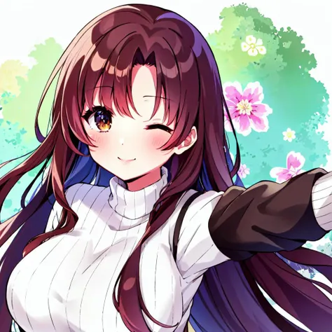 yukimi onechan,solo,1girl,<lora:yukimi onechan:0.8>,long hair, one eye closed, brown hair, selfie, smile, large breasts, brown eyes, flower, white sweater, blush, looking at viewer, ribbed sweater, upper body, closed mouth, reaching towards viewer, v, turtleneck, long sleeves, parted bangs, floral background, turtleneck sweater, very long hair,