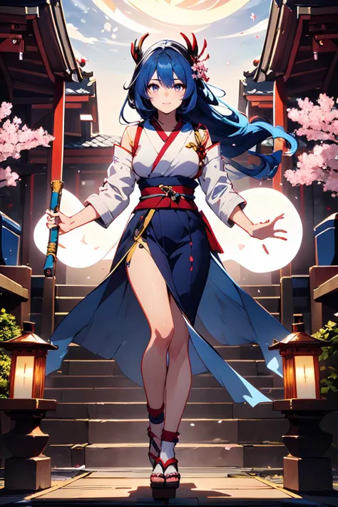 <lora:hougui_10:0.9>,(blue hair:1.3),face lighting,bright backlight,medium breasts,super high resolution,best quality,Photos,4k,(Realistic:1.2),hougui,1girl,elegant,cosplay,Okiku (Onmyoji),floating,ethereal pose,mesmerizing eyes,long flowing hair,adorned with cherry blossoms,pale complexion,faint smile,(slender figure:1.1),intricate patterns,(waist sash with bells:1.2),wooden geta sandals,(ghostly aura:1.3),cherry blossom garden,glowing lanterns,ancient shrine,holding a ghostly fan,(summoning spirits:1.5),