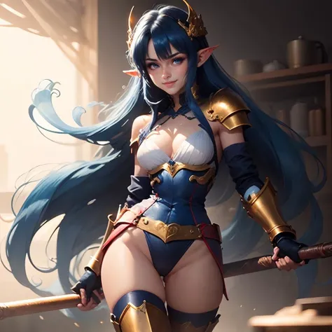 <lora:hougui_10:0.9>,face lighting,bright backlight,medium breasts,super high resolution,best quality,Photos,4k,(Realistic:1.2),hougui,1girl,blue hair,blue eyes,pointy_ears,long hair,armor,angle,shoulder_armor,look at the audience,gloves,finger-less gloves,tights,chest,smile,boots,