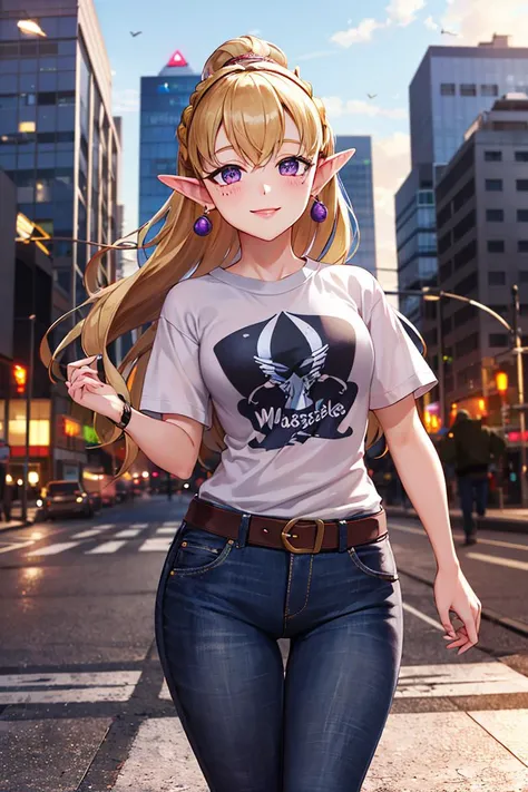 ((masterpiece,best quality)), absurdres,
<lora:Agitha_Zelda:0.6>, Agitha_Zelda,  long hair,
tshirt, demin jeans, 
solo, smiling, looking at viewer, cowboy shot, 
modern city background, dynamic pose,
