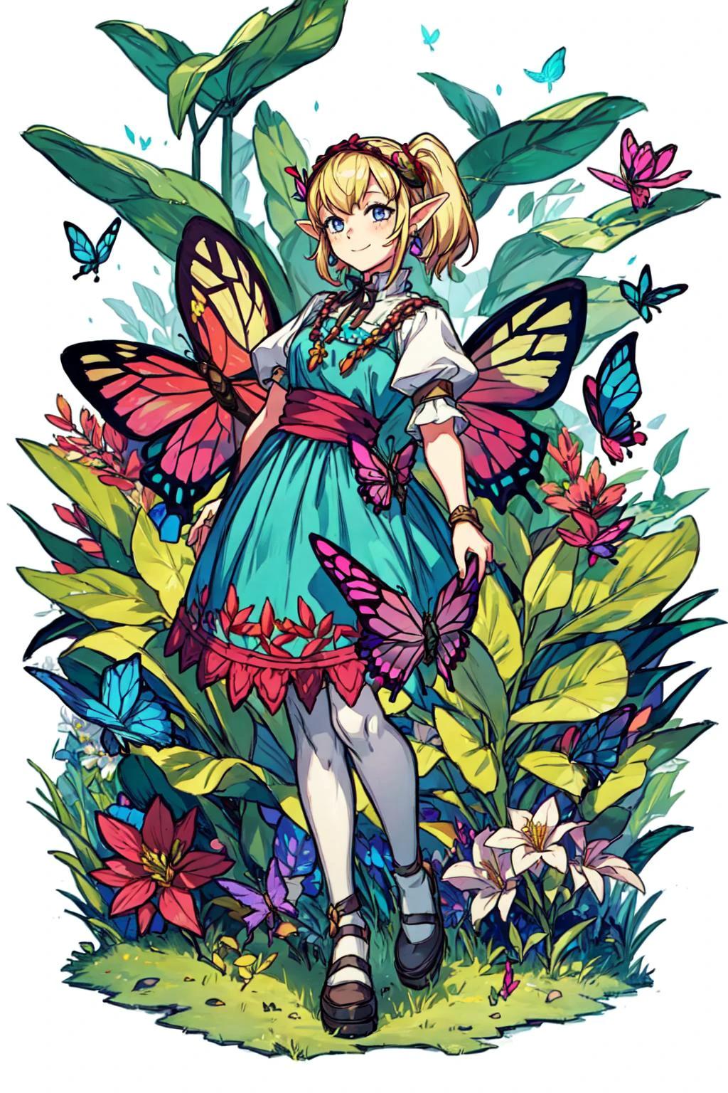 1girl, solo, cute smile, <lora:Agitha_Zelda:0.6> Agitha_Zelda outdoors, forest, butterflies, flowers, <lora:add_detail:0.7>, <lora:tachi-e:1>, white background, full body,