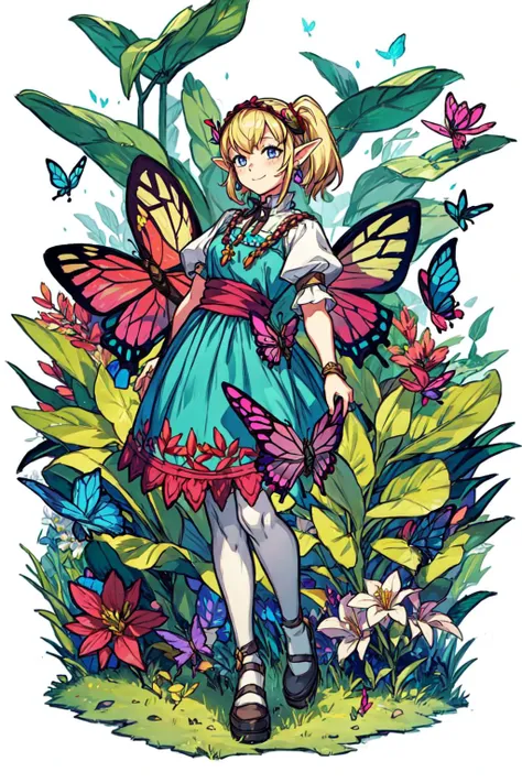 1girl, solo, cute smile, <lora:Agitha_Zelda:0.6> Agitha_Zelda outdoors, forest, butterflies, flowers, <lora:add_detail:0.7>,  <lora:tachi-e:1>, white background, full body,