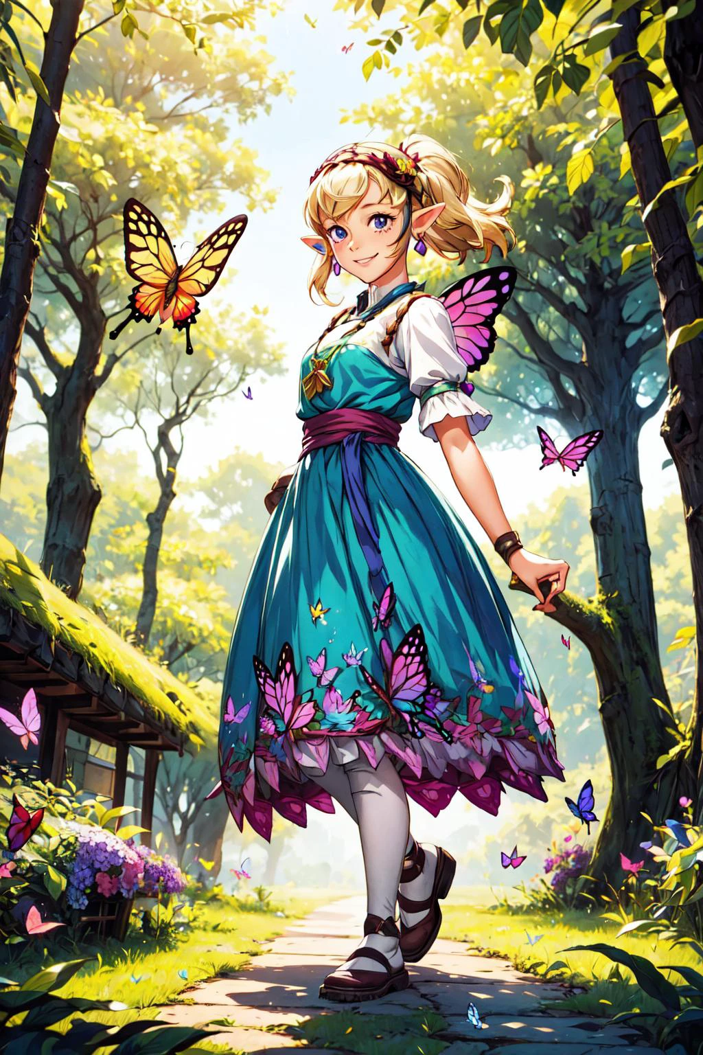 1girl, solo, cute smile, <lora:Agitha_Zelda:0.6> Agitha_Zelda outdoors, forest, butterflies, flowers, <lora:add_detail:0.7>, <lora:tachi-e:1>, white background, full body,
