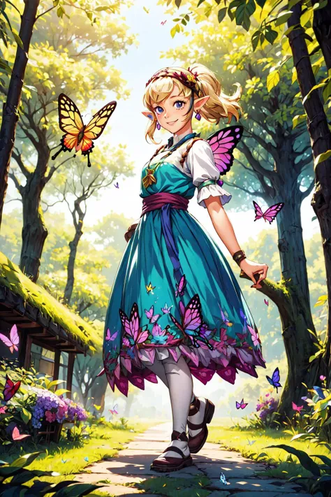 1girl, solo, cute smile, <lora:Agitha_Zelda:0.6> Agitha_Zelda outdoors, forest, butterflies, flowers, <lora:add_detail:0.7>,  <lora:tachi-e:1>, white background, full body,