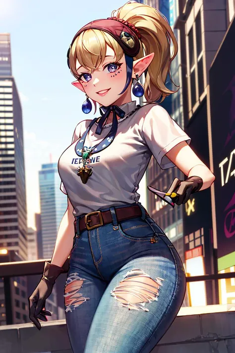 ((masterpiece,best quality)), absurdres,
<lora:Agitha_Zelda:0.7>, Agitha_Zelda,
tshirt, demin jeans,
solo, smiling, looking at viewer, cowboy shot,
modern city background, dynamic pose,