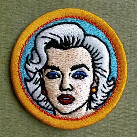 macro photograph of a circular embroidered patch of Marilyn Monroe (Actress) , detailed eyes, in meritbadge style, plain background, extremely detailed, contrasting complementary colors, vignette, symmetry, centered, <lora:meritbadge_StyleXLv7.0:1>