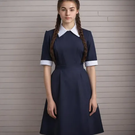 A woman 20 years old, (detailed face:1.5), (beautiful face:1.5),in a Soviet school uniform with a white apron exudes an image of discipline and seriousness. Her uniform consists of a simple dress, often navy blue or black, with a white collar and cuffs. A school badge may be located on the chest. She can wear tall white socks and dressy black shoes. Hair neatly combed or gathered in a bun. A girl in a Soviet school uniform looks modest and old-fashioned, but also carries the spirit of discipline and respect for education, perfect face, (usxl),  <lora:suxl:0.7>