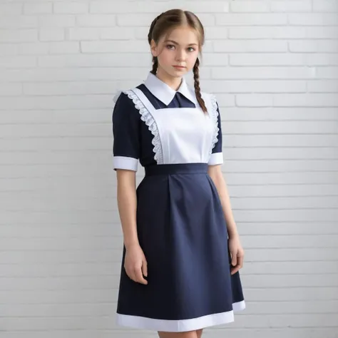 A woman 20 years old, (detailed face:1.5), (beautiful face:1.5),in a Soviet school uniform with a white apron exudes an image of discipline and seriousness. Her uniform consists of a simple dress, often navy blue or black, with a white collar and cuffs. A school badge may be located on the chest. She can wear tall white socks and dressy black shoes. Hair neatly combed or gathered in a bun. A girl in a Soviet school uniform looks modest and old-fashioned, but also carries the spirit of discipline and respect for education, perfect face, (usxl),  <lora:suxl:0.5>, (anime:2), cartoon