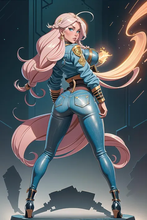 from behind, squat, (masterpiece, best_quality, ultra-detailed, immaculate:1.3), epic, illustration, rough digital painting, (full body:1.25), 1girl, solo, [:creative costume design,:0.2] mystic, denim jacket, denim jacket, , bombshell copper hair, Cascading Layers,low-tied long hair, (muscular:1) build, middle aged, simple background, moba character concept art, in a  computer room, bombshell hair, platinum hair, Feather Braid, princess carry<lyco:EnvyBeautyMix48:1>