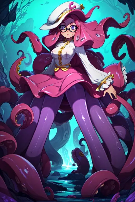 ((best quality)), ((highly detailed)), masterpiece, (detailed eyes, deep eyes), (1girl), (glasses), full body, <lora:hairdetailer:.8>, <lora:aiomonstergirls_loraLocon:1>, (((scylla))), (((octopus girl))), standing, (tentacles:1.33), (suction cups:1.33), (fused:1.33), ((tentacle legs)), medium breasts, (long skirt), underwater, (in a dark ice cavern, stalagmite, stalactites), <lora:EnvyBeautyMix48:1>