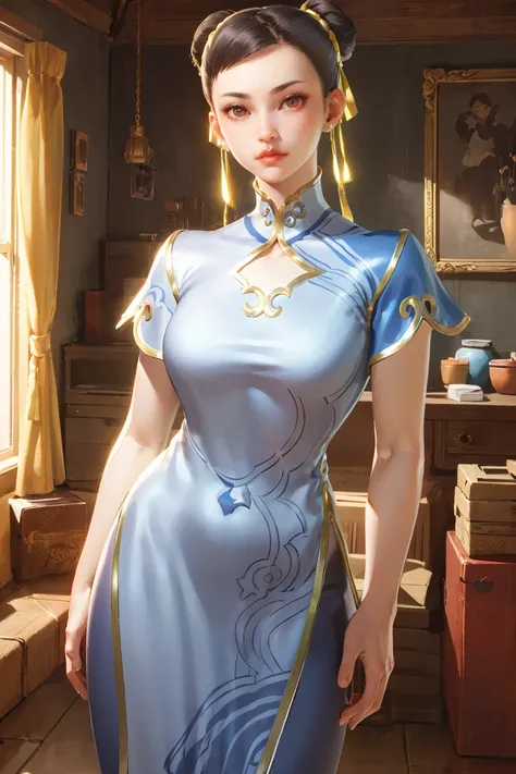 realistic,realism,photorealism,photo-realistic,high contrast,(photorealistic:1.4),8k high definition detailed realistic,(best quality, masterpiece:1.2),photon mapping,radiosity,physically-based rendering,best quality,highly detailed,1girl,sfchunli,indoor,room light,standing,<lora:chunliv1:0.8>,