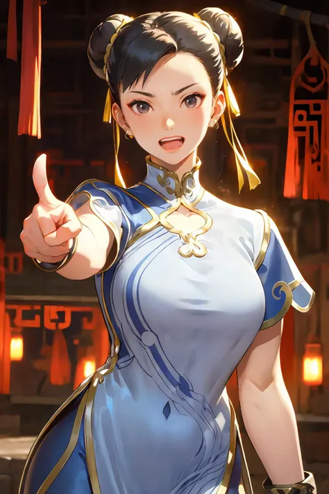 masterpiece,8k high quality detailed,highres,anime,,
illustration \(artbook\),
,sfchunli,1girl,mature woman,black hair,double bun,black eyes,large breasts,bracelets,chinese clothes,leggings,detailed_face,(Grimacing:1.2),(((Pointing enthusiastically))),
(,realistic clothing texture,realistic_skin_texture),solo,<lora:velvia:0.6>,<lora:chunliv1:0.7>,<lora:more_details:0.3>