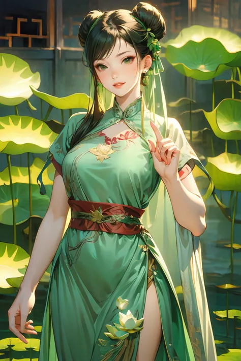 masterpiece,8k high quality detailed,highres,anime,,
illustration \(artbook\),
,sfchunli,1girl,mature woman,black hair,double bun,black eyes,large breasts,detailed_face,((<lora:hanfu_æè¢:0.7>,hanfu,(light green dress,embroidered with lotus leaves and dew:1.2))),(Teasing grin),(((Shushing with finger to lips))),
(,realistic clothing texture,realistic_skin_texture),solo,<lora:velvia:0.6>,<lora:chunliv1:0.55>,<lora:more_details:0.3>