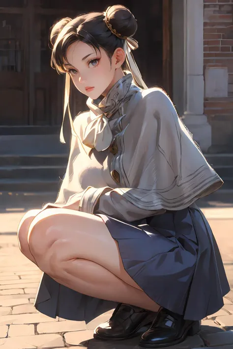 masterpiece,8k high quality detailed,highres,anime,,
illustration \(artbook\),
,sfchunli,1girl,mature woman,black hair,double bun,black eyes,large breasts,detailed_face,((<lora:dating_attire_style7_v1:0.45>,cyb skirt,long sleeves,capelet,wool ball scarf,scarf)),(Boredom),(((Crouching down))),
(,realistic clothing texture,realistic_skin_texture),solo,<lora:velvia:0.6>,<lora:chunliv1:0.55>,<lora:more_details:0.3>