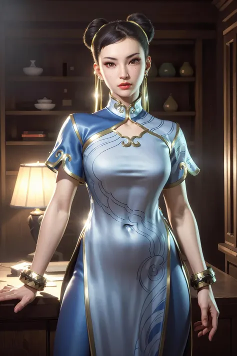 realistic, realism, photorealism, photo-realistic, high contrast, (photorealistic:1.4), 8k high definition detailed realistic, (best quality, masterpiece:1.2),  photon mapping, radiosity, physically-based rendering, best quality, highly detailed, 1girl, sfchunli, indoor, room light,  standing,