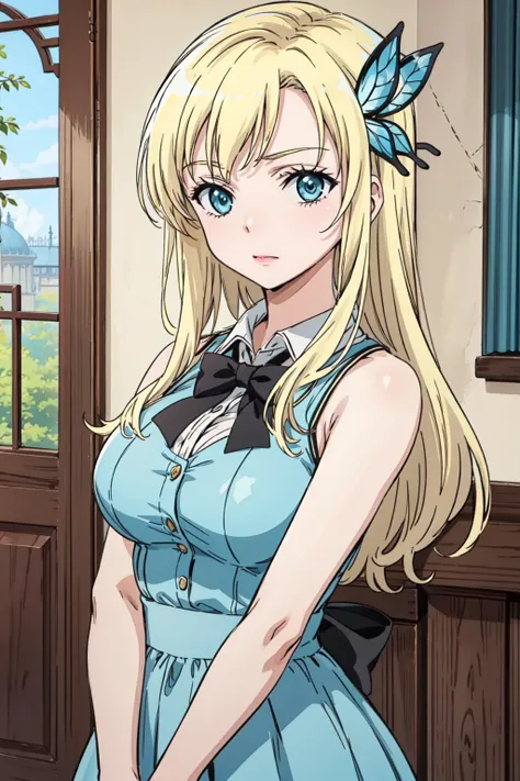 masterpiece, best quality, 1girl, kashiwazaki sena, butterfly hair ornament, blonde hair, long hair, aqua eyes, large breasts, <lora:Kizuki - Haganai Kashiwazaki Sena:1>