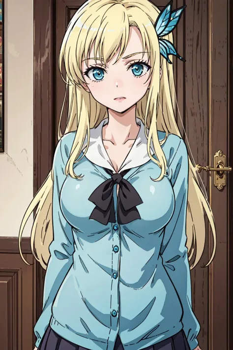 masterpiece, best quality, 1girl, kashiwazaki sena, butterfly hair ornament, blonde hair, long hair, aqua eyes, large breasts, <lora:Kizuki - Haganai Kashiwazaki Sena:1>