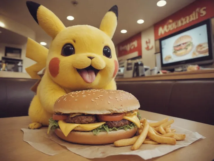 CCTV footage of Pikachu cuddling a Giant Cheeseburger, at McDonalds, Polaroid filter fish-eye lens, highly detailed, intricate details