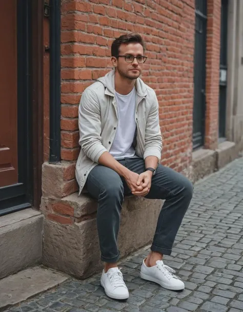 man, sitting, bench, urban, outdoor seating, casual fashion, eyeglasses, white sneakers, messenger bag, brick buildings, relaxed pose, street style, young adult, overcast lighting, modern, candid, sidewalk, city life, gray t-shirt, white jacket, black pants, professional camera bag, daytime, European style architecture, cobbled street, red metal chairs, selective focus, contemporary., Fujifilm XT3, Canon R5, Fujicolor Fujichrome Velvia 100