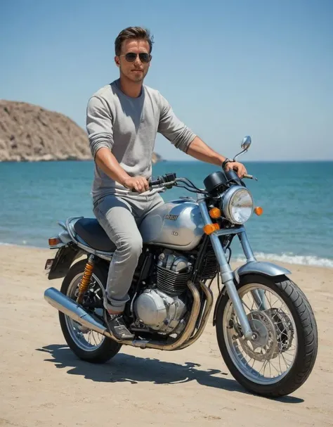 man, motorcycle, beach, Honda bike, casual attire, sunglasses, sunny day, clear sky, sea, sand, adult male, standing pose, motorcycle rider, reflective visor, waterfront, daytime, outdoor, relaxed posture, silver motorcycle, sporty design, leisure activity, fashion sneakers, grey t-shirt, motorcycle exhaust, disc brakes, gold rims, horizontal orientation, lifestyle image, motionless vehicle, engine visible, no helmet, wristwatch., Fujifilm XT3, Canon R5, Fujicolor Fujichrome Velvia 100
