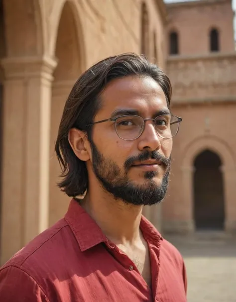 bearded man, mid-length hair, eyeglasses, red shirt, South Asian ethnicity, historical building background, warm color tones, shallow depth of field, outdoor setting, natural light, candid pose, head tilted down, beard, soft focus, architectural details in background, serene expression, daytime, adult male, ancient fort background, cultural heritage site, vintage look, clear sky, Fujifilm XT3, Canon R5, Fujicolor Fujichrome Velvia 100